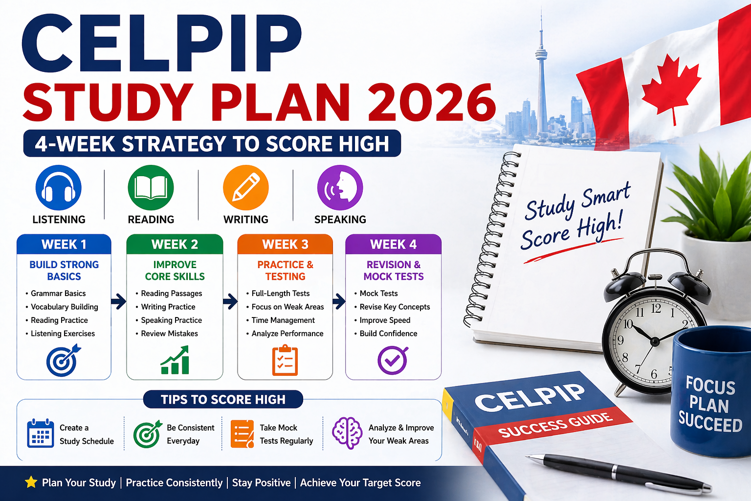 Celpip study plan 2026 4 week schedule daily routine and preparation tips for high score