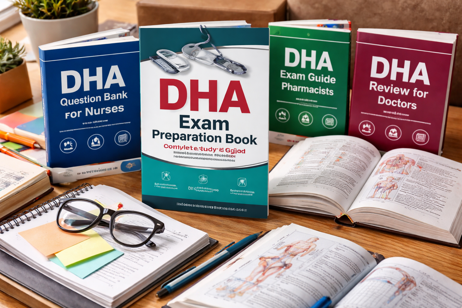 Photograph of DHA exam books for 2026, including guides for doctors, nurses, pharmacists, and allied health professionals, displayed with open textbooks and study materials