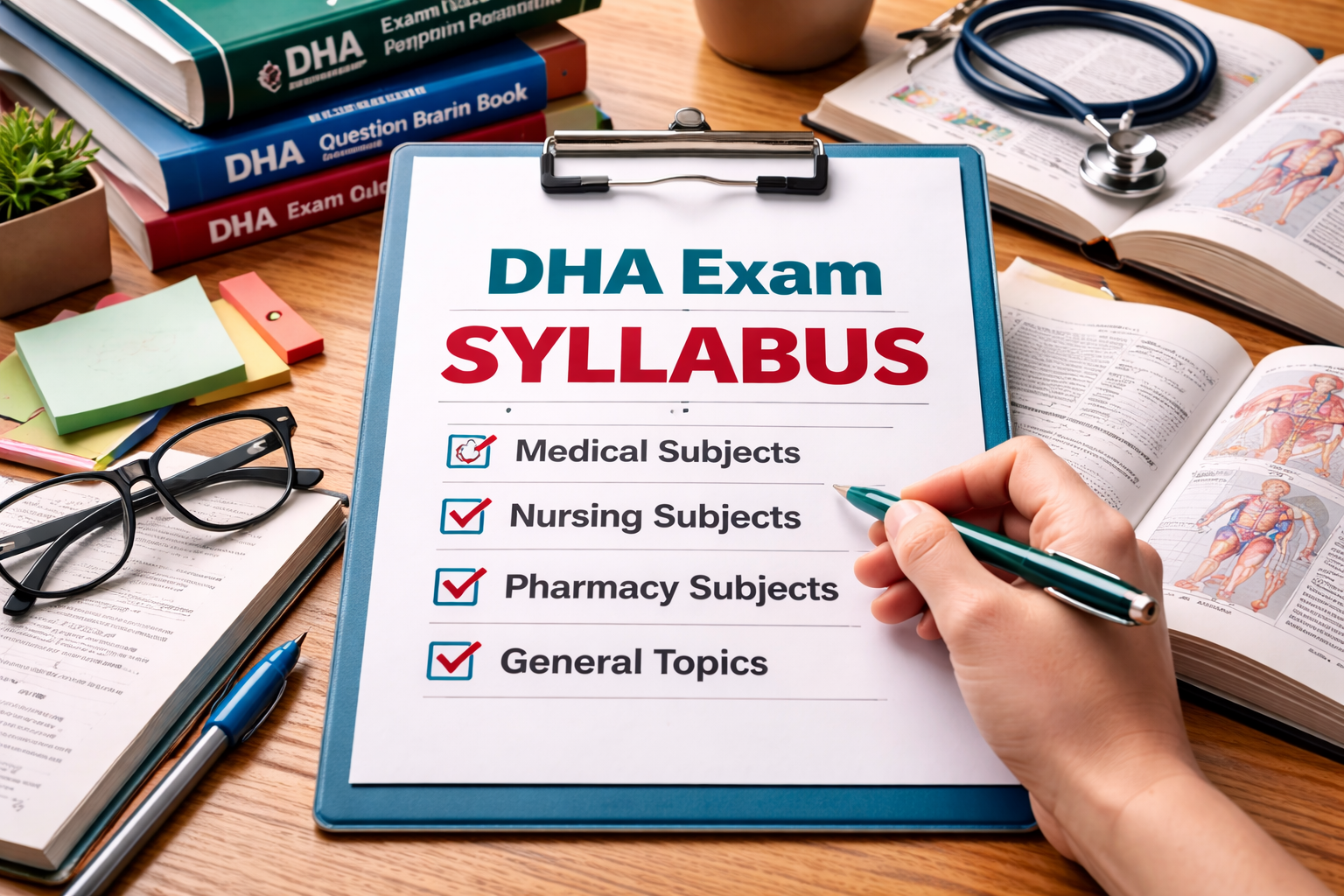 Photograph of a DHA exam syllabus on a clipboard surrounded by textbooks, open anatomy books, sticky notes, a stethoscope, and reading glasses, highlighting medical, nursing, pharmacy, and general subjects for 2026.