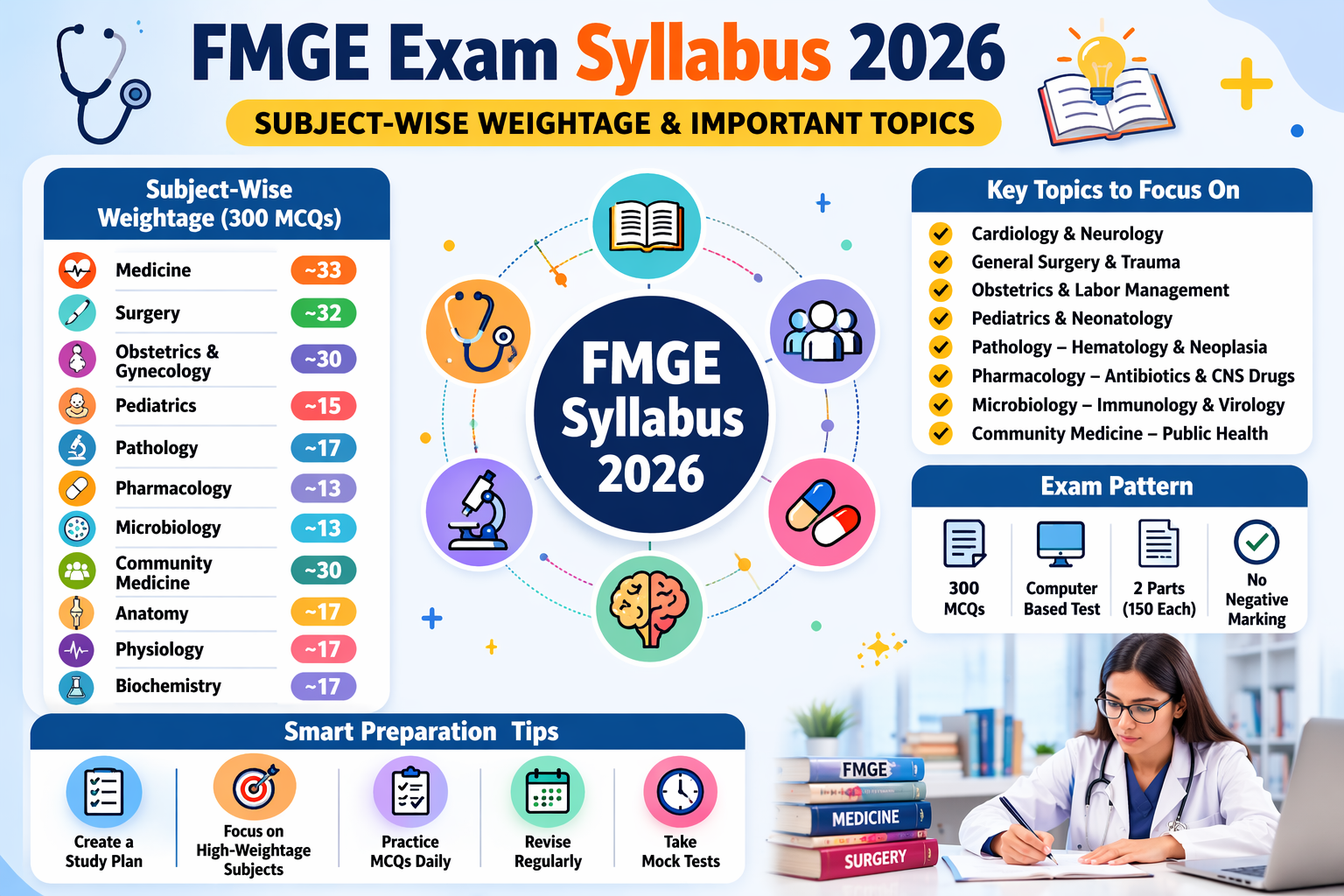 FMGE exam syllabus 2026 subject wise weightage and important topics infographic