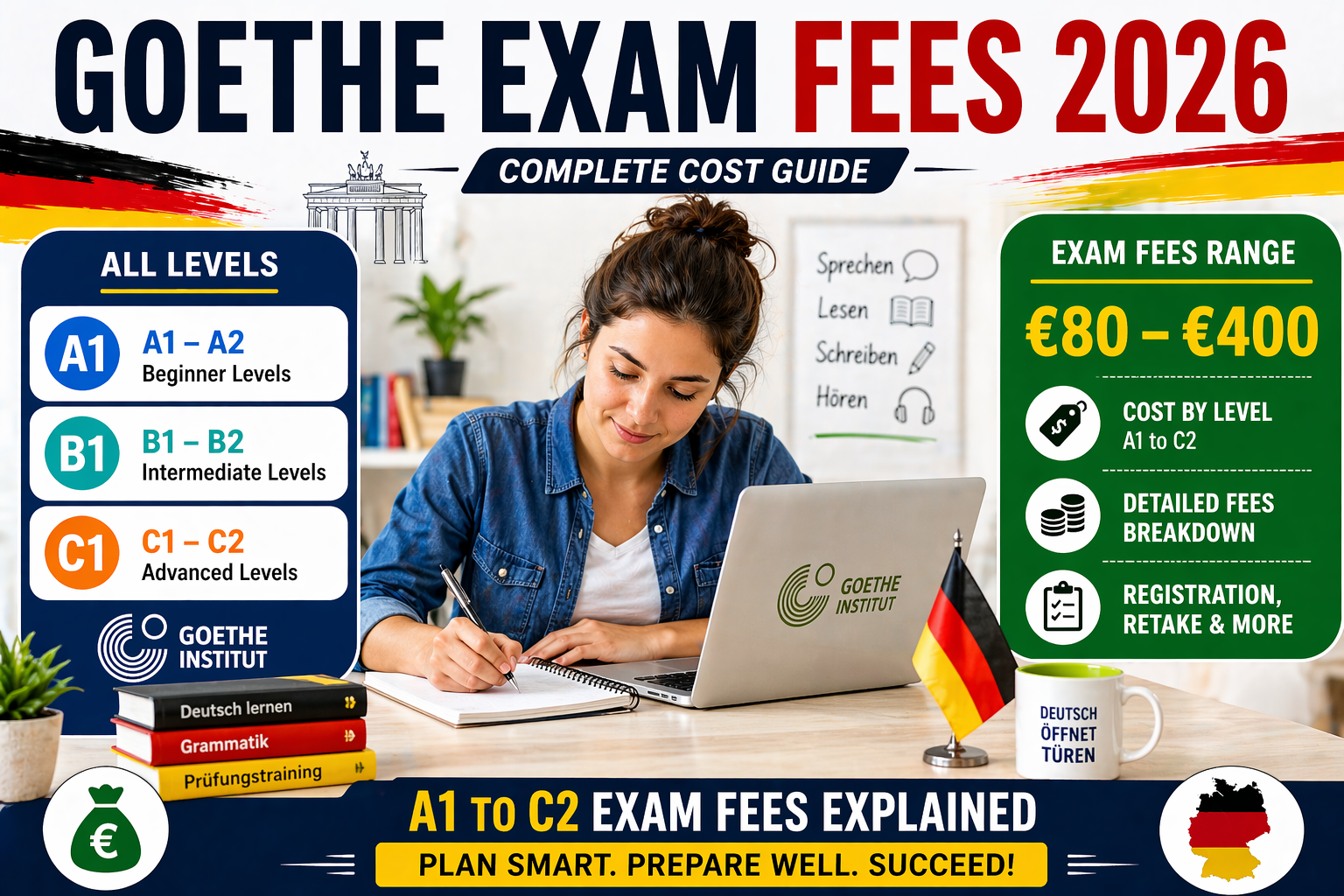 goethe exam fees 2026 cost breakdown a1 to c2 levels
