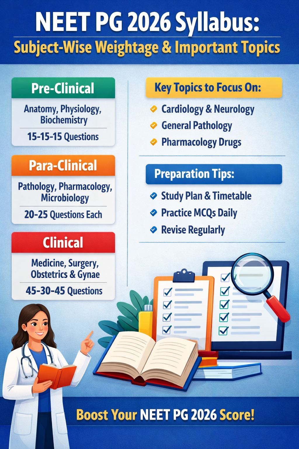 NEET PG 2026 syllabus subject wise weightage and important topics infographic