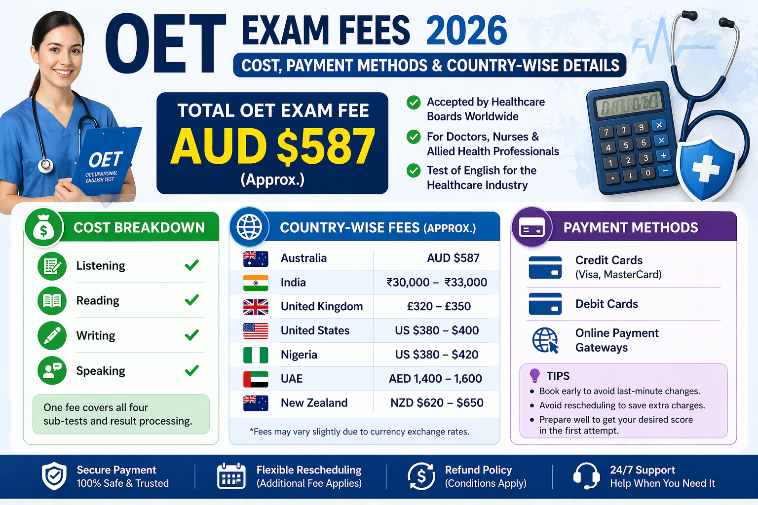 oet exam fees 2026 cost breakdown country wise fees payment methods occupational english test