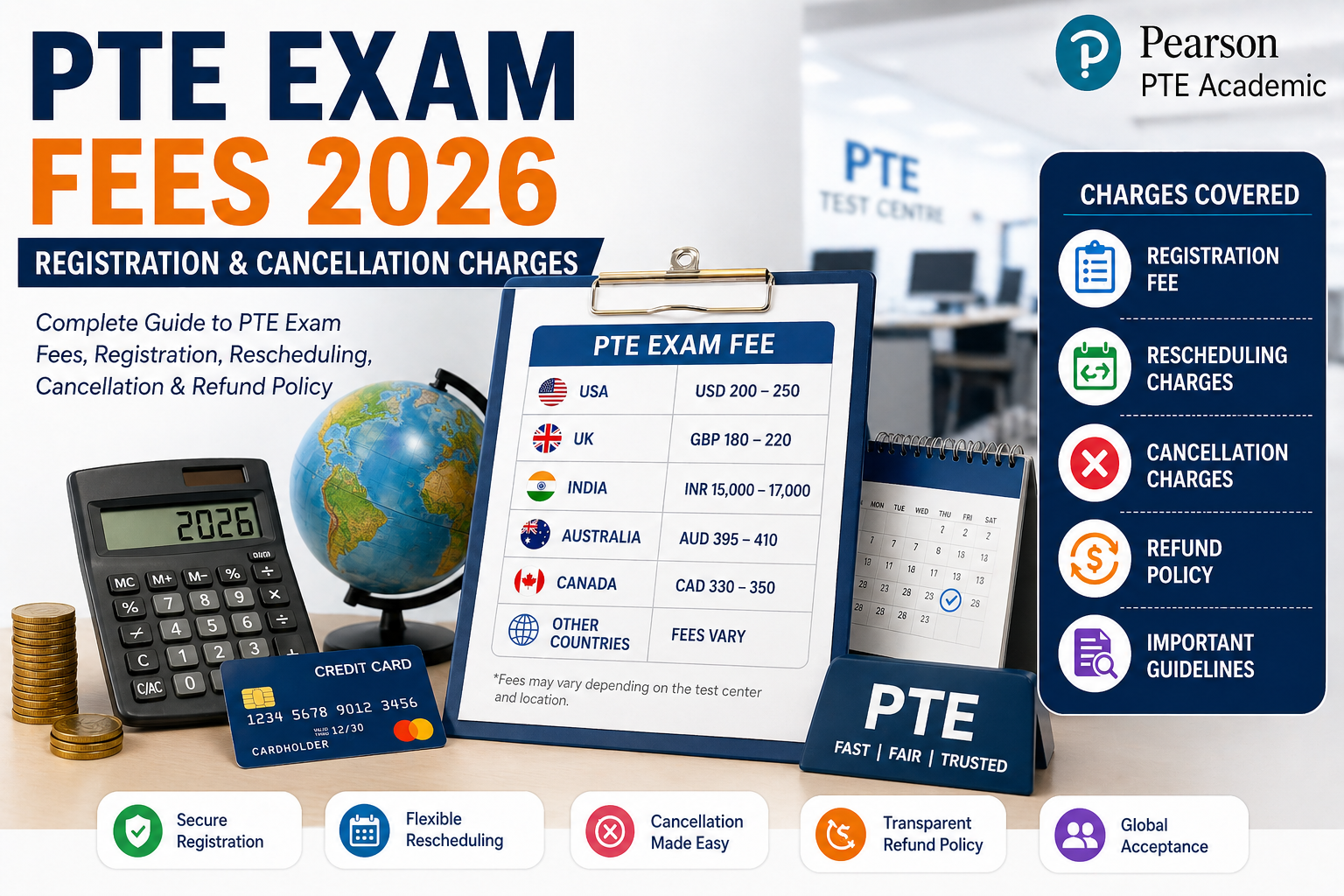 pte exam fees 2026 registration cancellation rescheduling charges cost